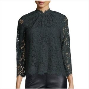 Joie Frayda Forest Green Lace Cocktail Top Scalloped Mock Neck Blouse